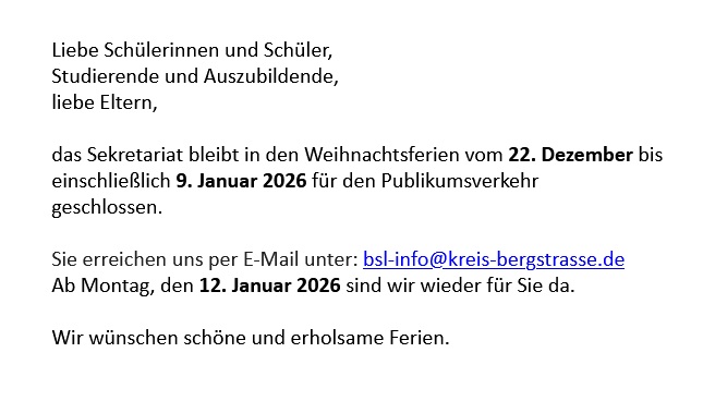 Öffnungszeiten des Sekretariats während  der Weihnachtsferien